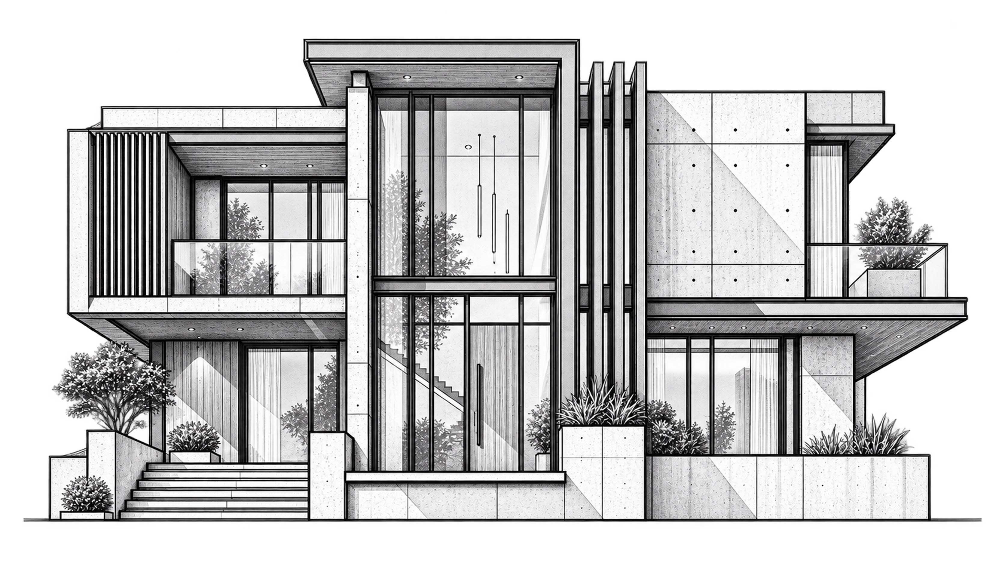 Architectural Residence Monochrome Blueprint